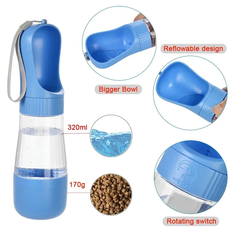 Blue pet water bottle with features highlighted on a white background