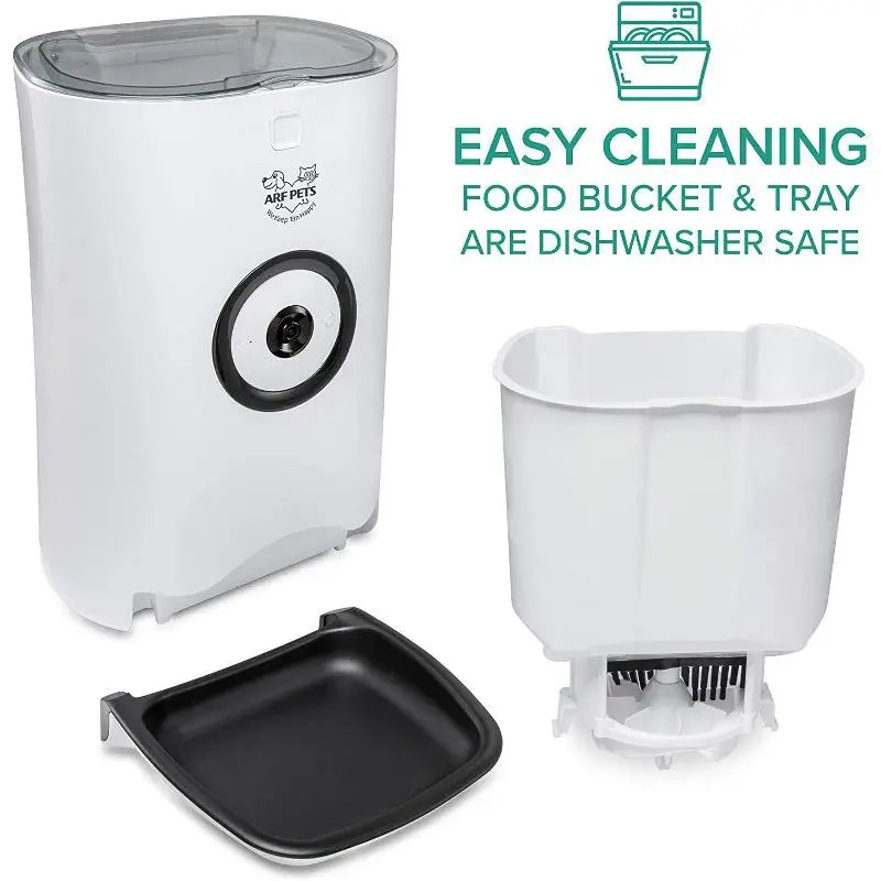 Pet food storage system with components labeled 'Easy Cleaning' and 'Dishwasher Safe'.