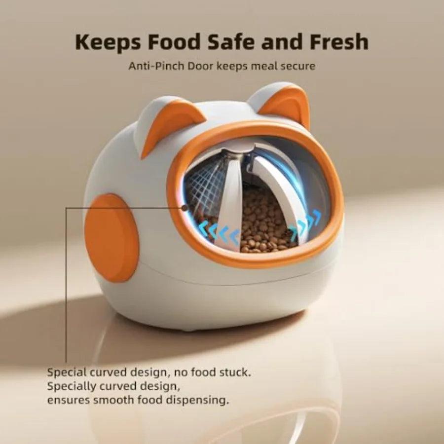 Pet food dispenser with curved design on a beige background