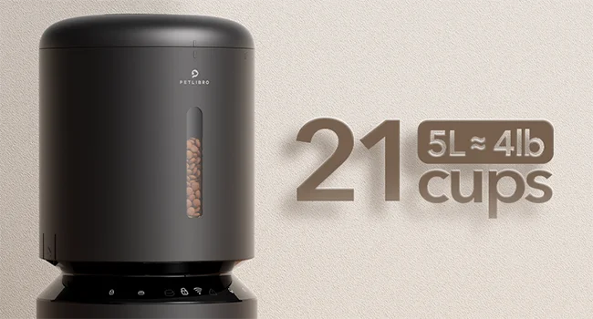 Black pet food dispenser with measurement details on a beige background