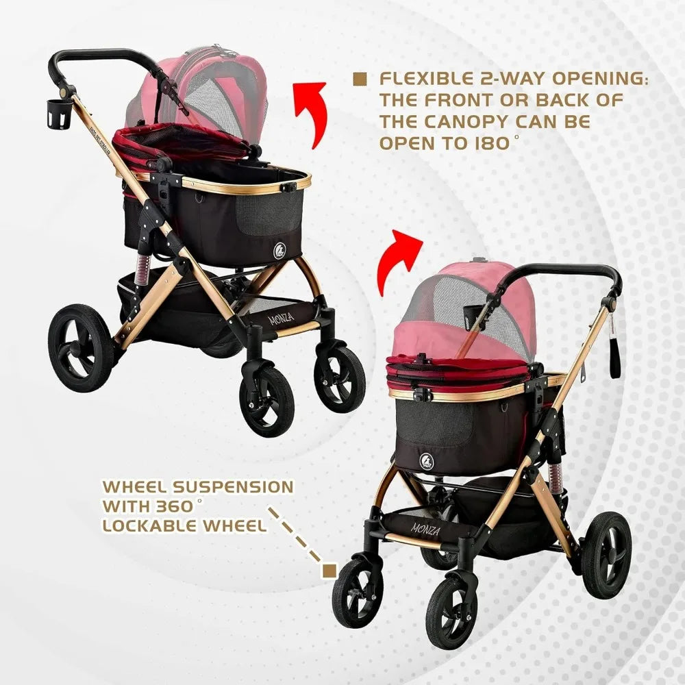 Pet stroller with flexible canopy and wheel suspension features on a white background