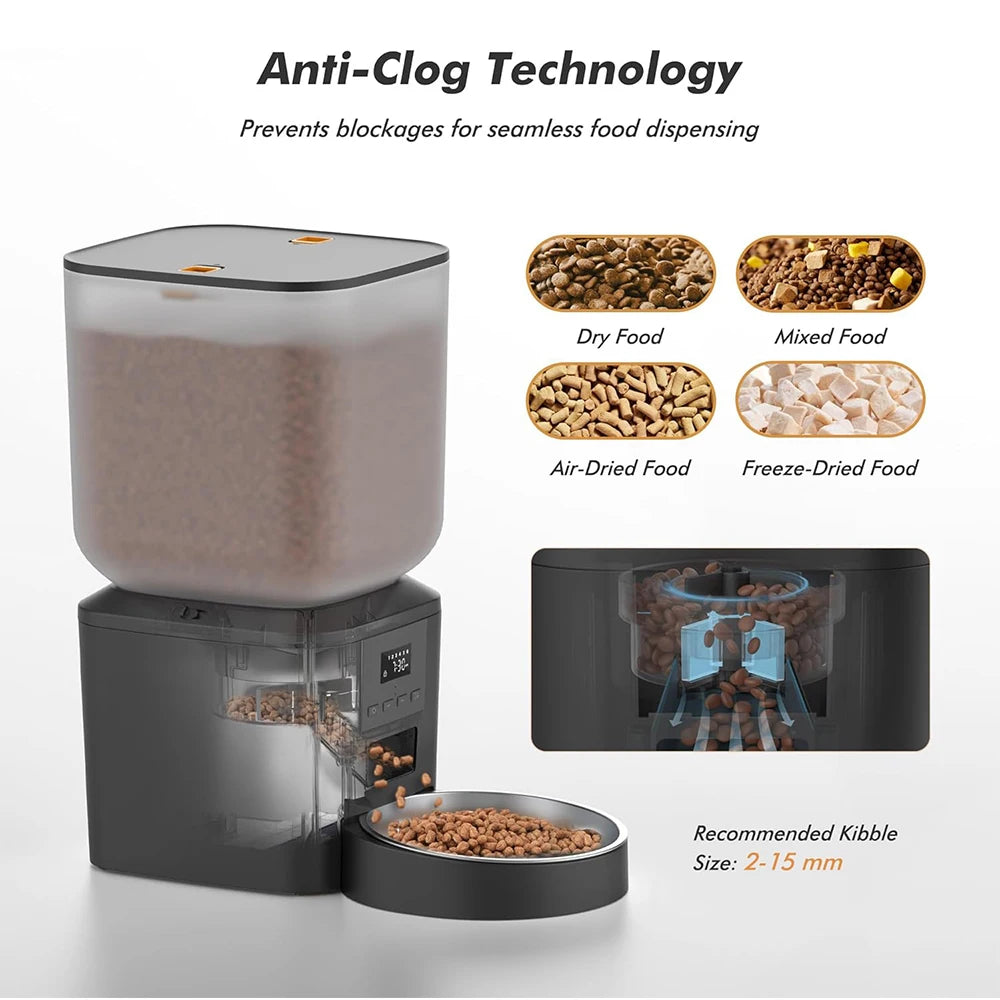 Pet food dispenser with anti-clog technology and various food types shown.