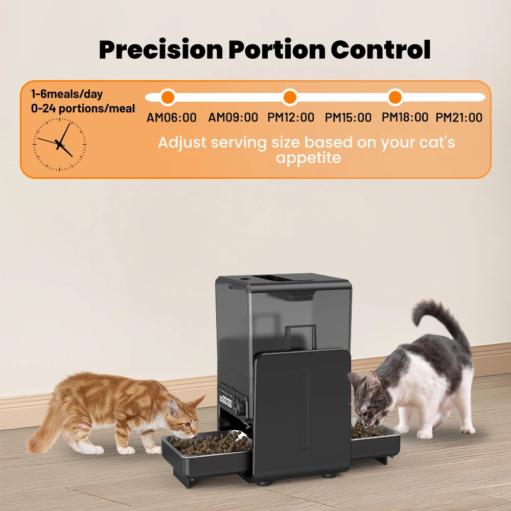 Cat food dispenser with two cats eating, featuring precision portion control system.
