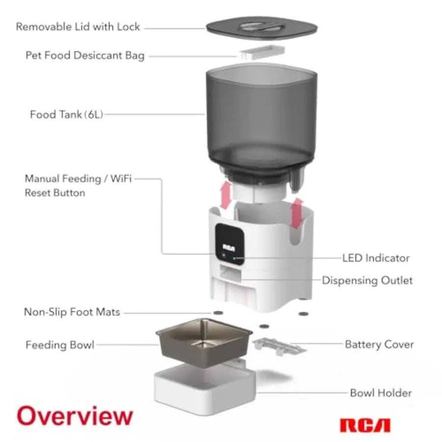 Diagram of a pet food dispenser with labeled parts and RCA logo.