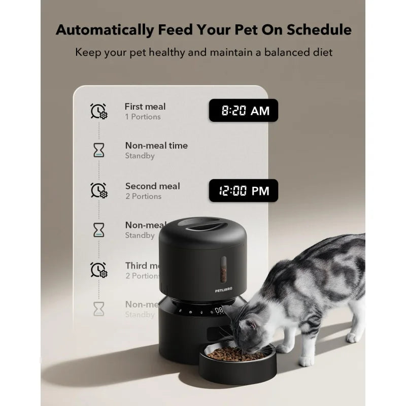 Pet feeder with a cat eating, displaying a schedule on the left.