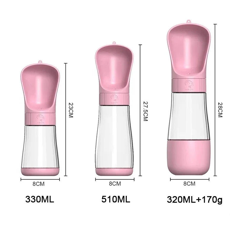 Pink pet water bottle with measurements on a white background