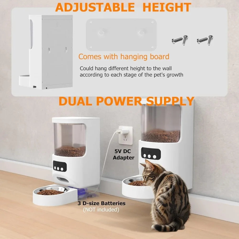 Pet feeding station with adjustable height and dual power supply, featuring a cat eating.