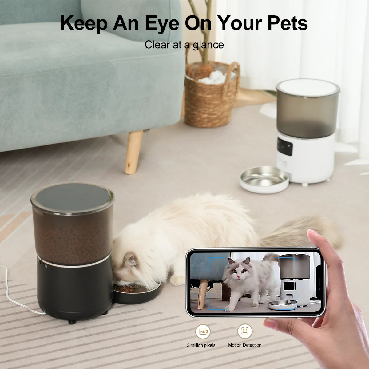 Pet feeding station with a smartphone displaying video feed of a cat, in a home setting.