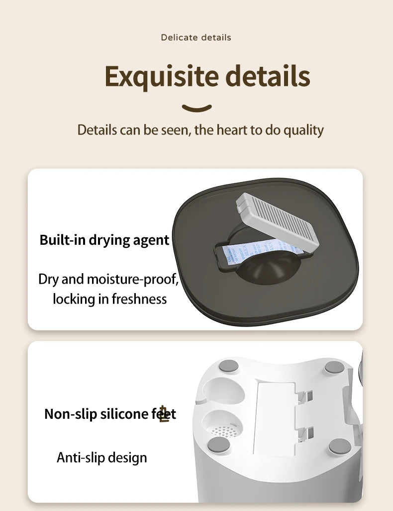 Product with built-in drying agent and non-slip silicone feet on a beige background