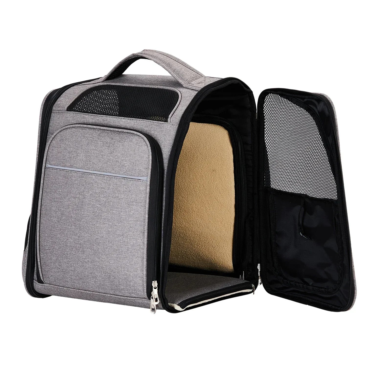 Gray pet carrier with open front panel on a white background