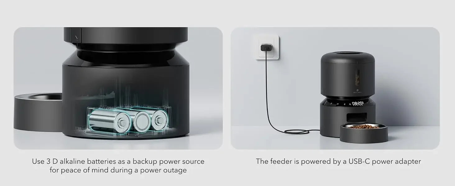 Pet feeder with battery and power adapter illustrations on a gray background