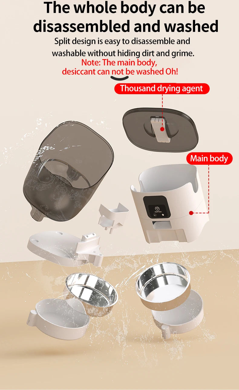 Diagram of a pet product with disassembly instructions on a beige background