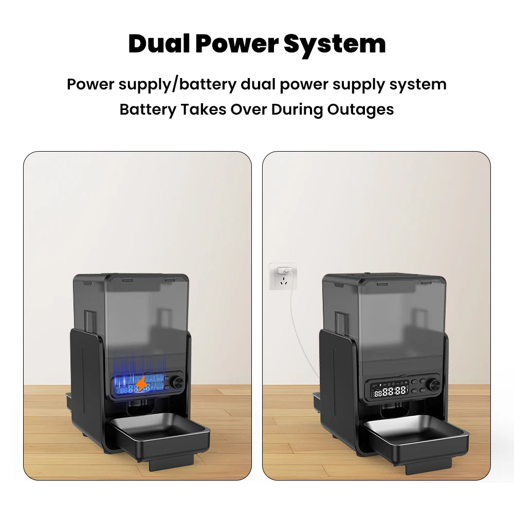 Dual power system with power supply and battery on a wooden surface.