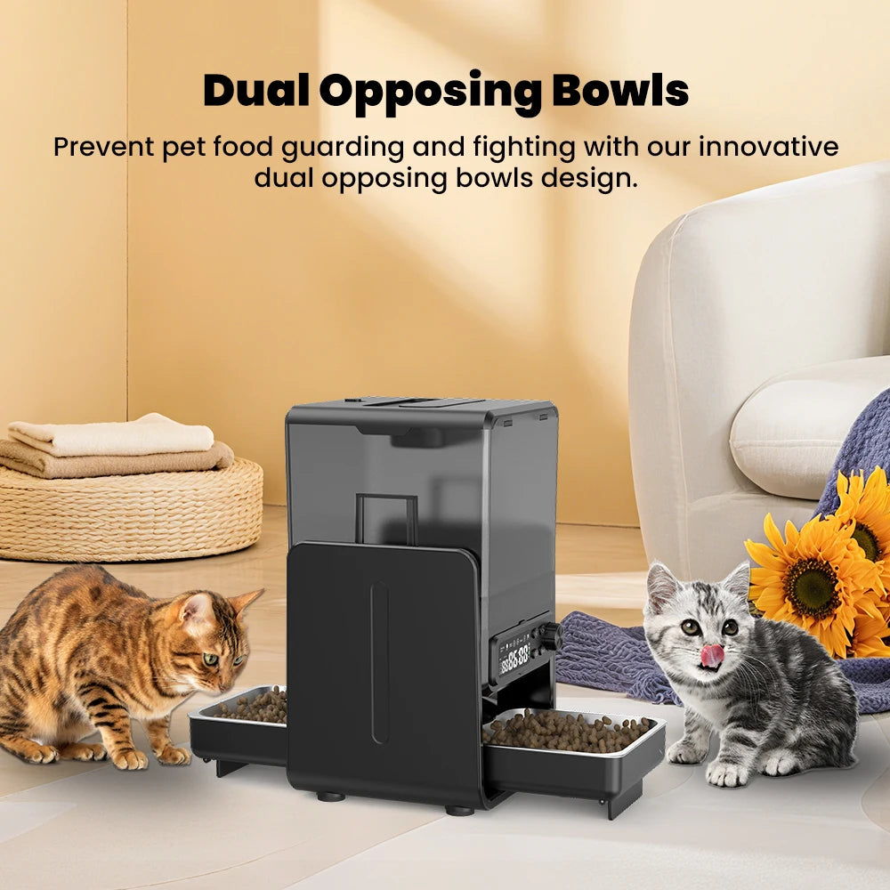 Pet food dispenser with two bowls for cats in a living room setting.