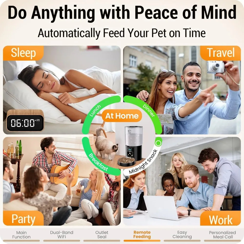 Advertisement for a pet feeding device with various scenarios showing its use.
