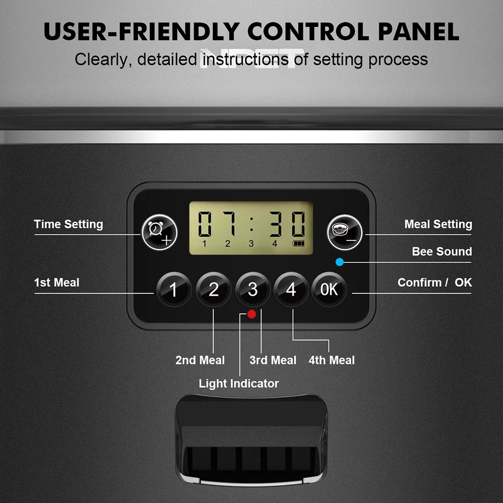 Control panel with digital display and labeled buttons on a black background