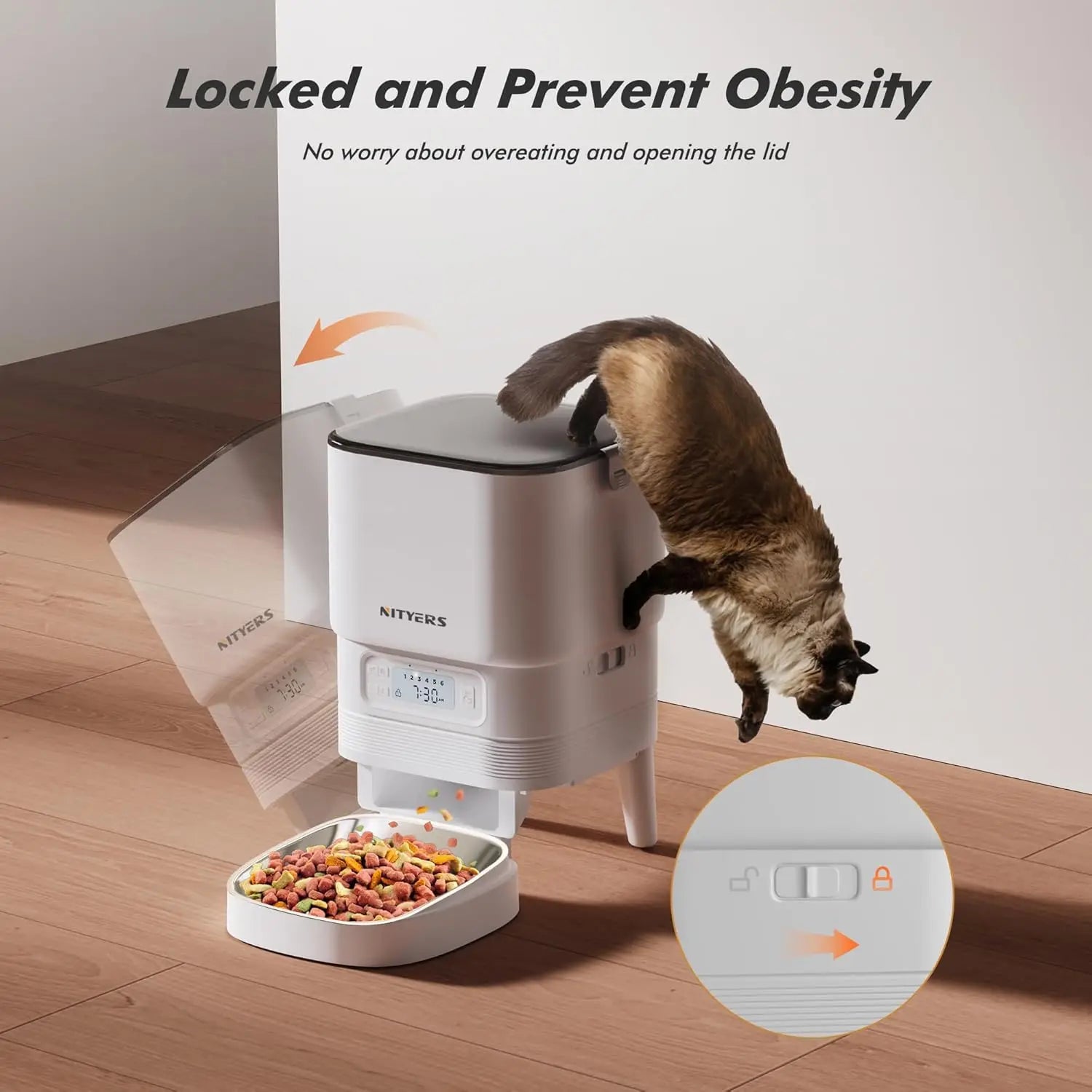 Cat interacting with a pet feeder on a wooden floor, with text about preventing obesity.