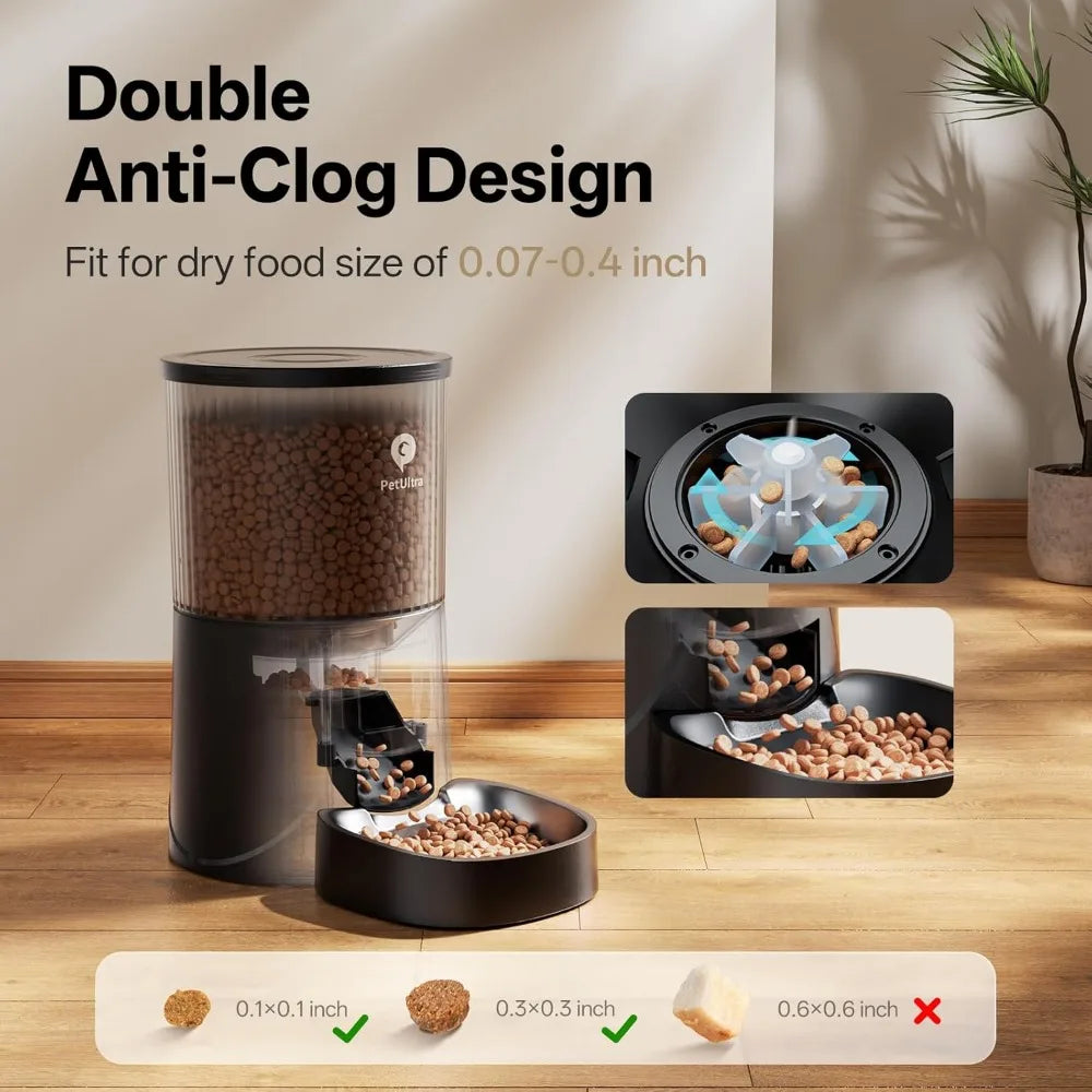 Pet food grinder with dry food and bowls on a wooden floor, featuring text about double anti-clog design.