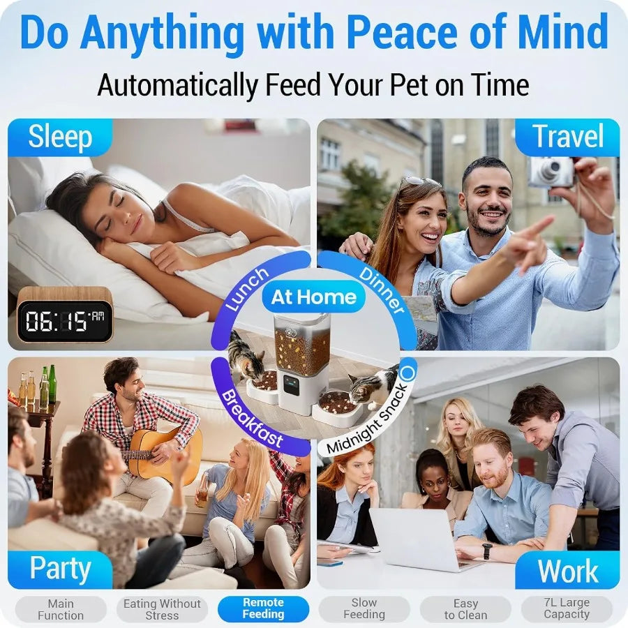 Pet feeding system with schedule display and lifestyle images of people using it.