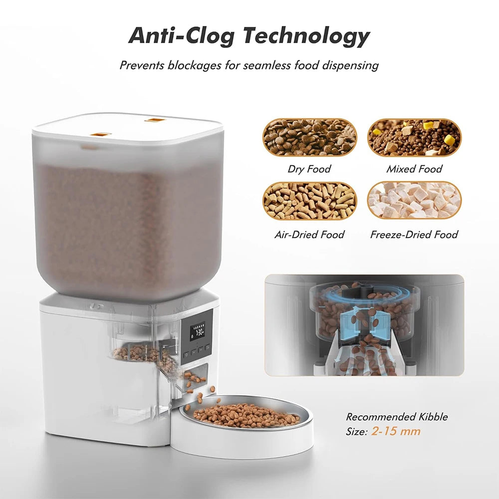 Pet food dispenser with anti-clog technology and various food types shown.