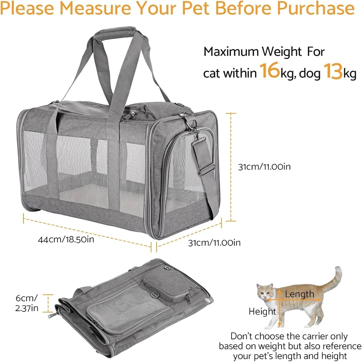 Gray pet carrier with measurements and weight limits for cats and dogs on a white background