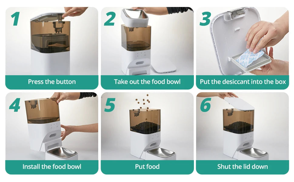 Step-by-step guide on using a pet food dispenser with images and text instructions.