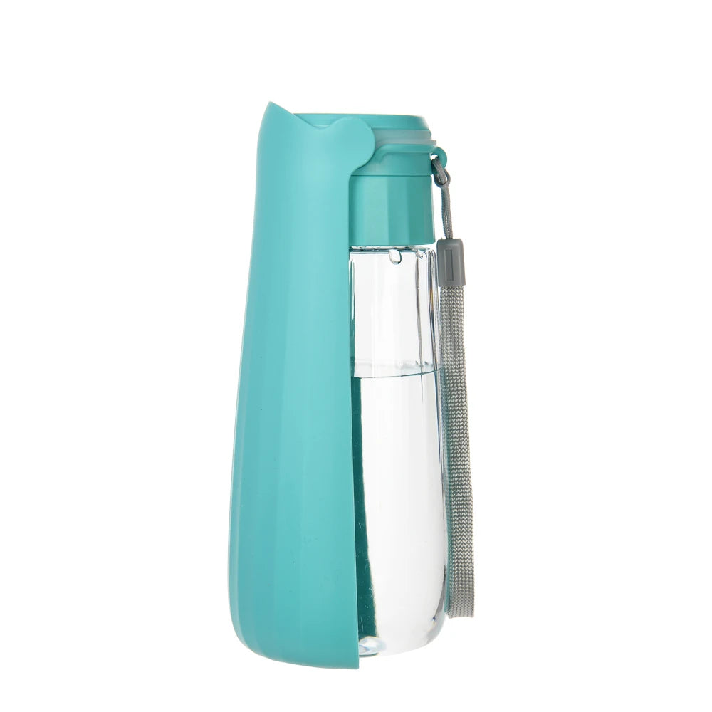 Turquoise water bottle with clear plastic compartment on a white background