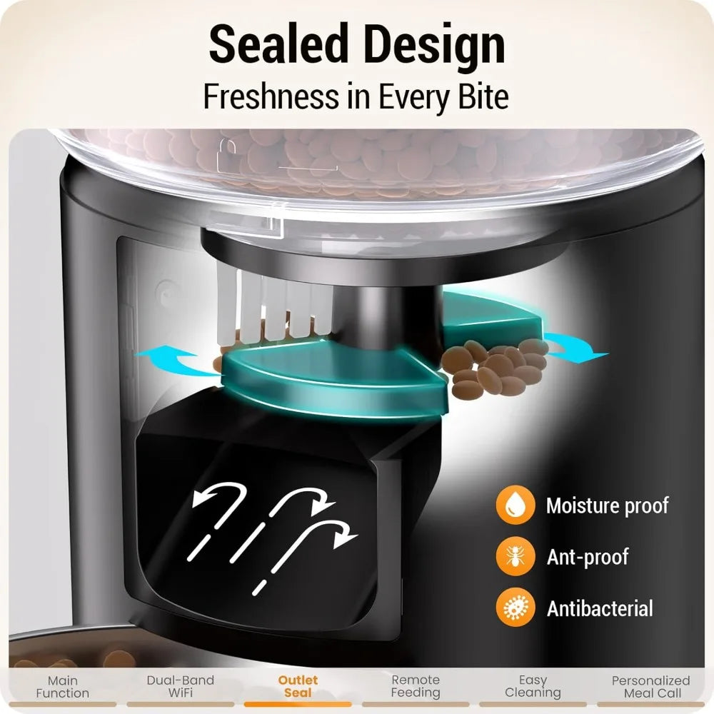 Sealed design of a pet food dispenser with features highlighted on a white background
