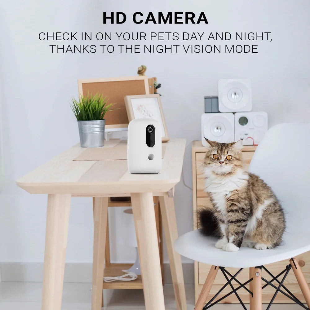 Pet camera with night vision mode on a table next to a cat, with text about pet monitoring.