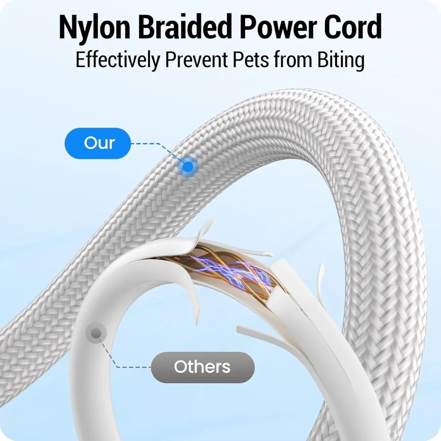 Nylon braided power cord with a clear view of its structure on a light blue background.