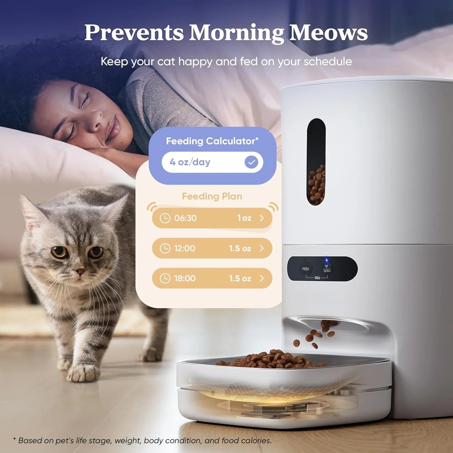 Automated pet feeder with a cat and a person in the background, featuring a feeding calculator on the screen.