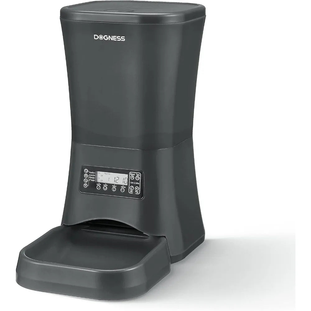 Black pet feeder with digital display on a white background