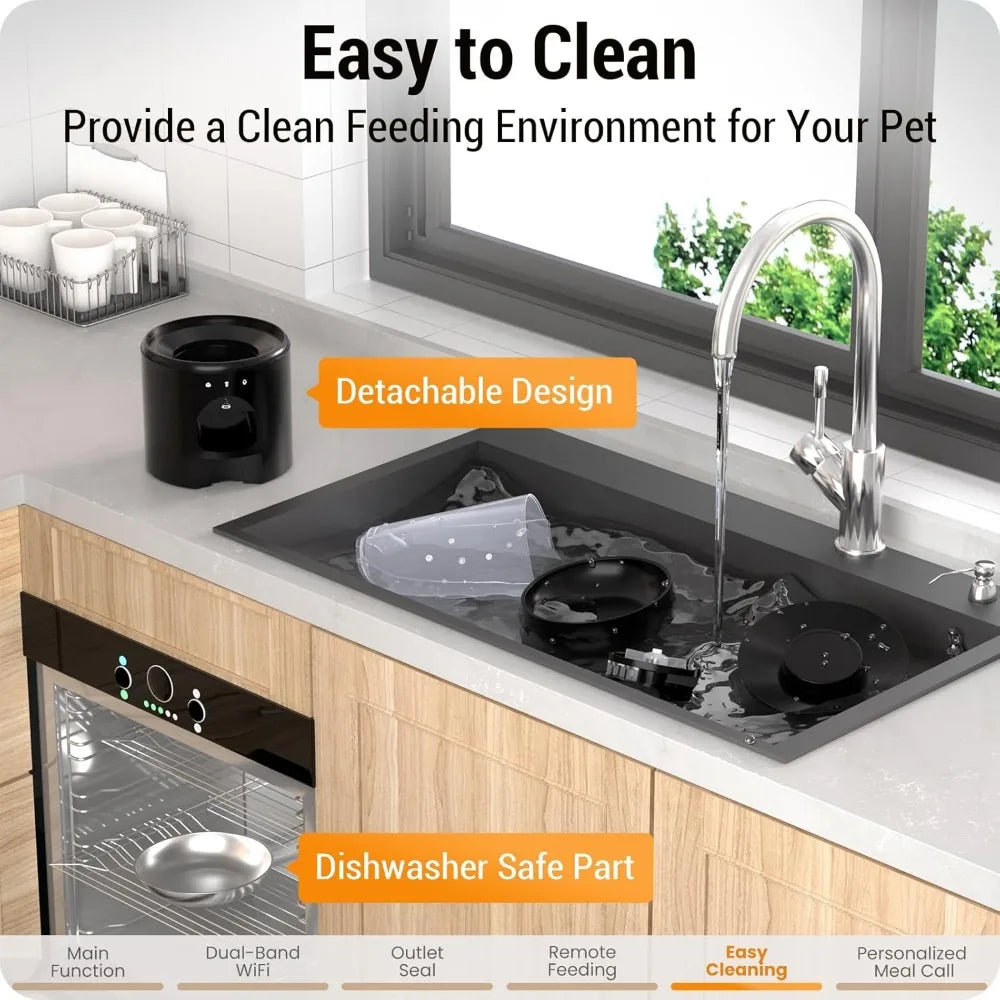 Kitchen setting with pet feeding station, dishwasher, and text about easy cleaning and detachable design.