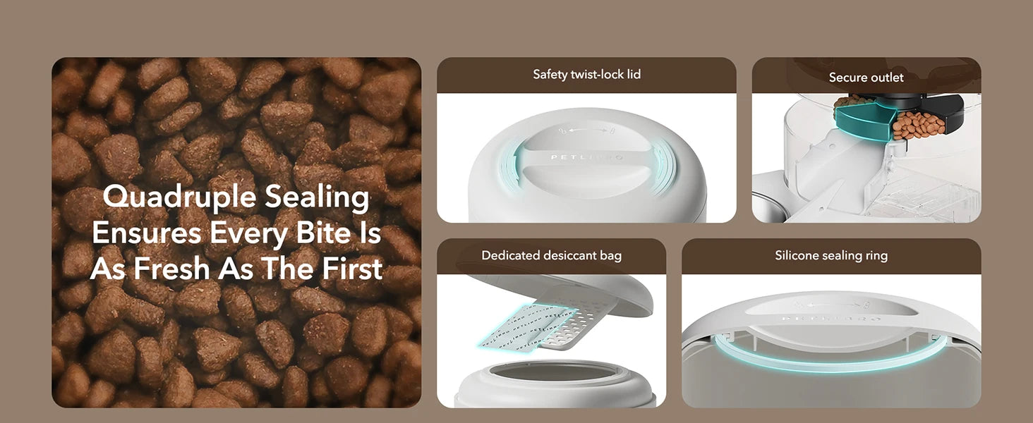 Dog food packaging with sealing features and text on a brown background