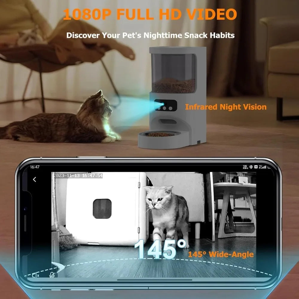 Pet feeding station with smartphone displaying night vision footage of a cat.