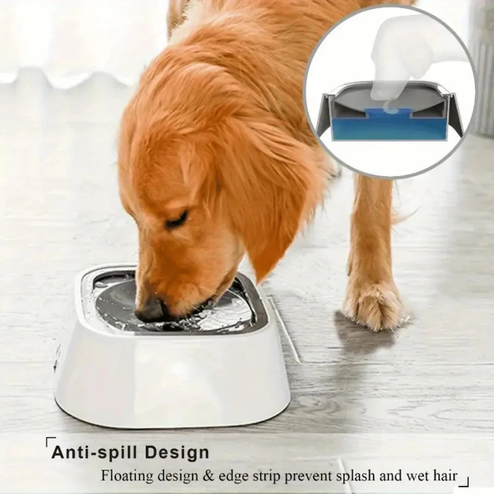 Dog drinking water from a self-cleaning pet bowl with an inset showing the anti-spill design.