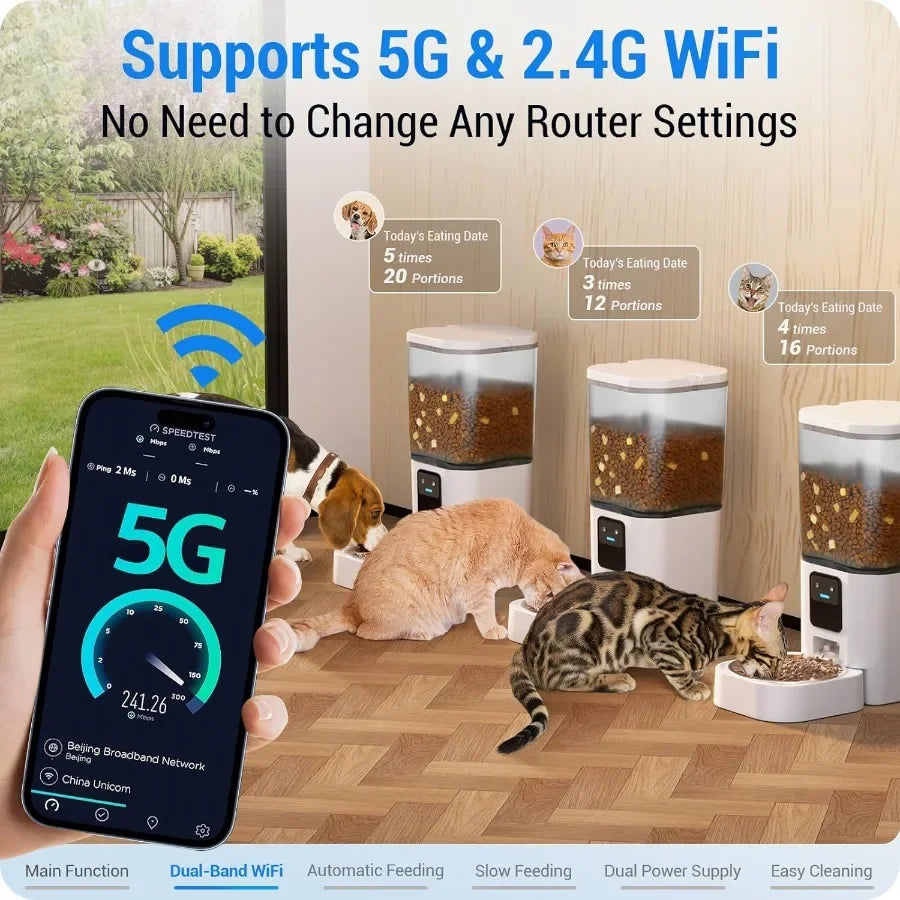 Smart pet feeder system with 5G connectivity, showing dogs and cats eating from the feeders.