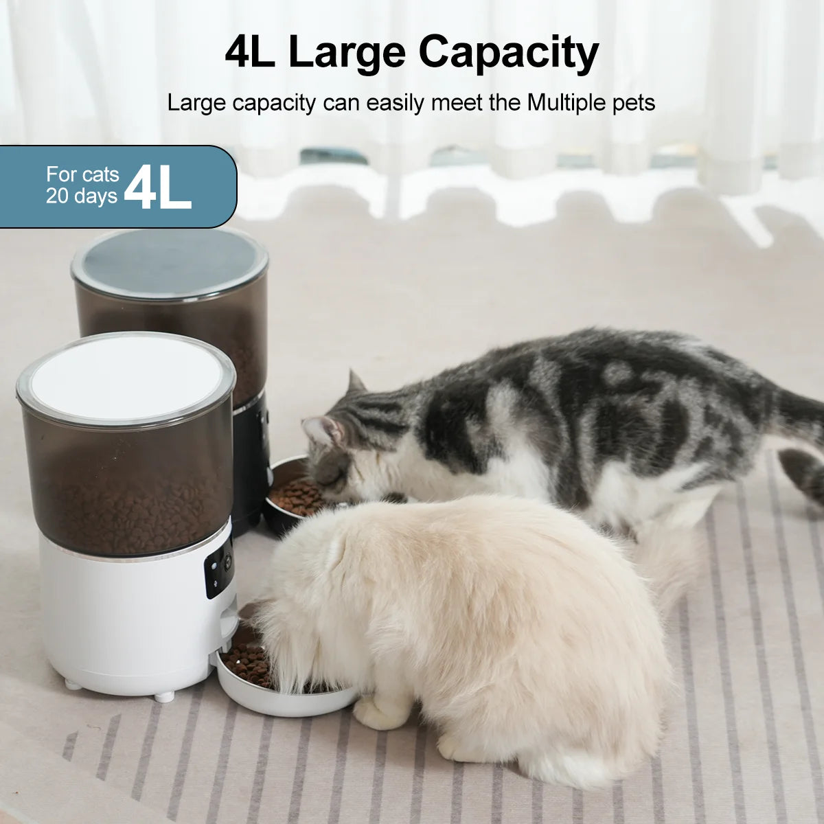 Pet food dispenser with two cats eating from it on a bed.
