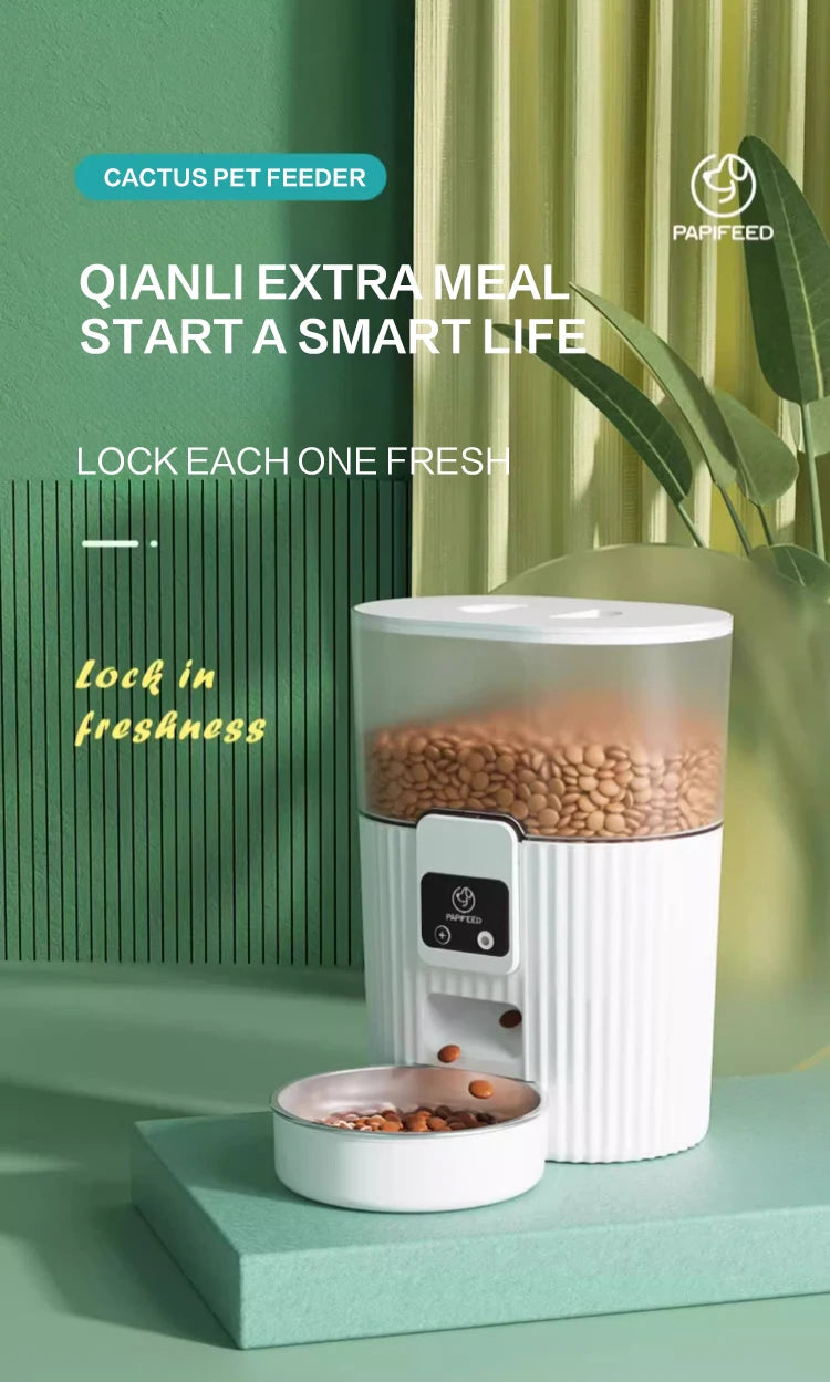 Cactus pet feeder with text on a green background