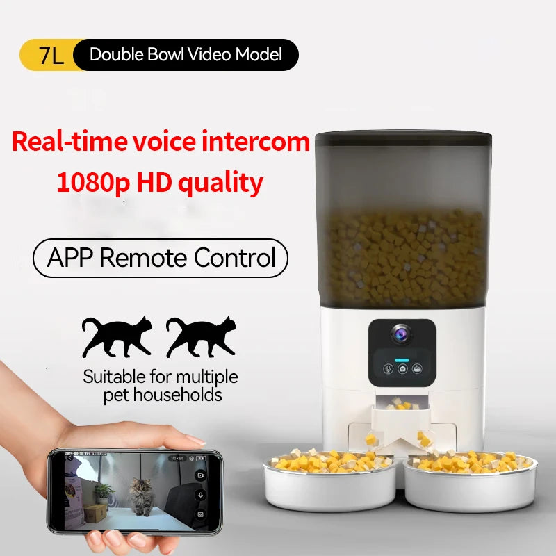 Pet feeder with video intercom and remote control features on a white background