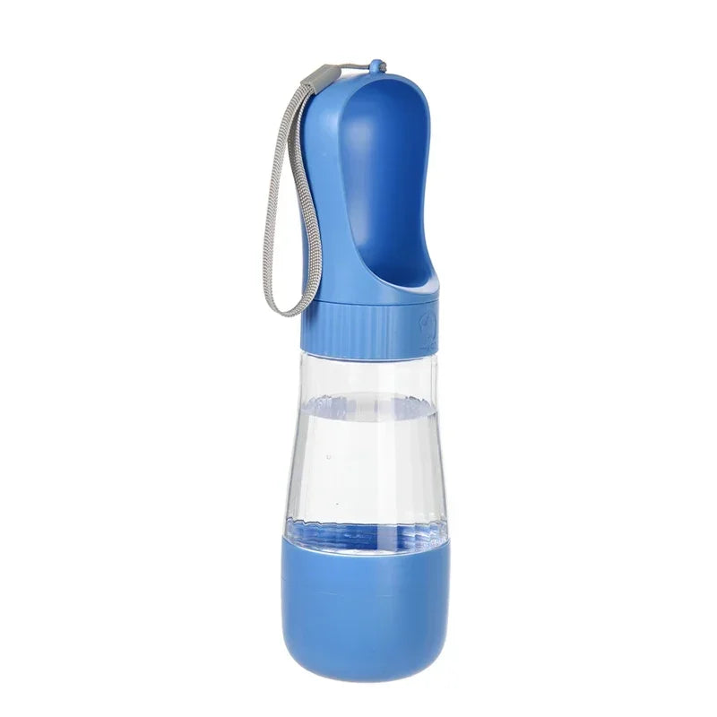 Blue and clear portable water bottle with a strap on a white background