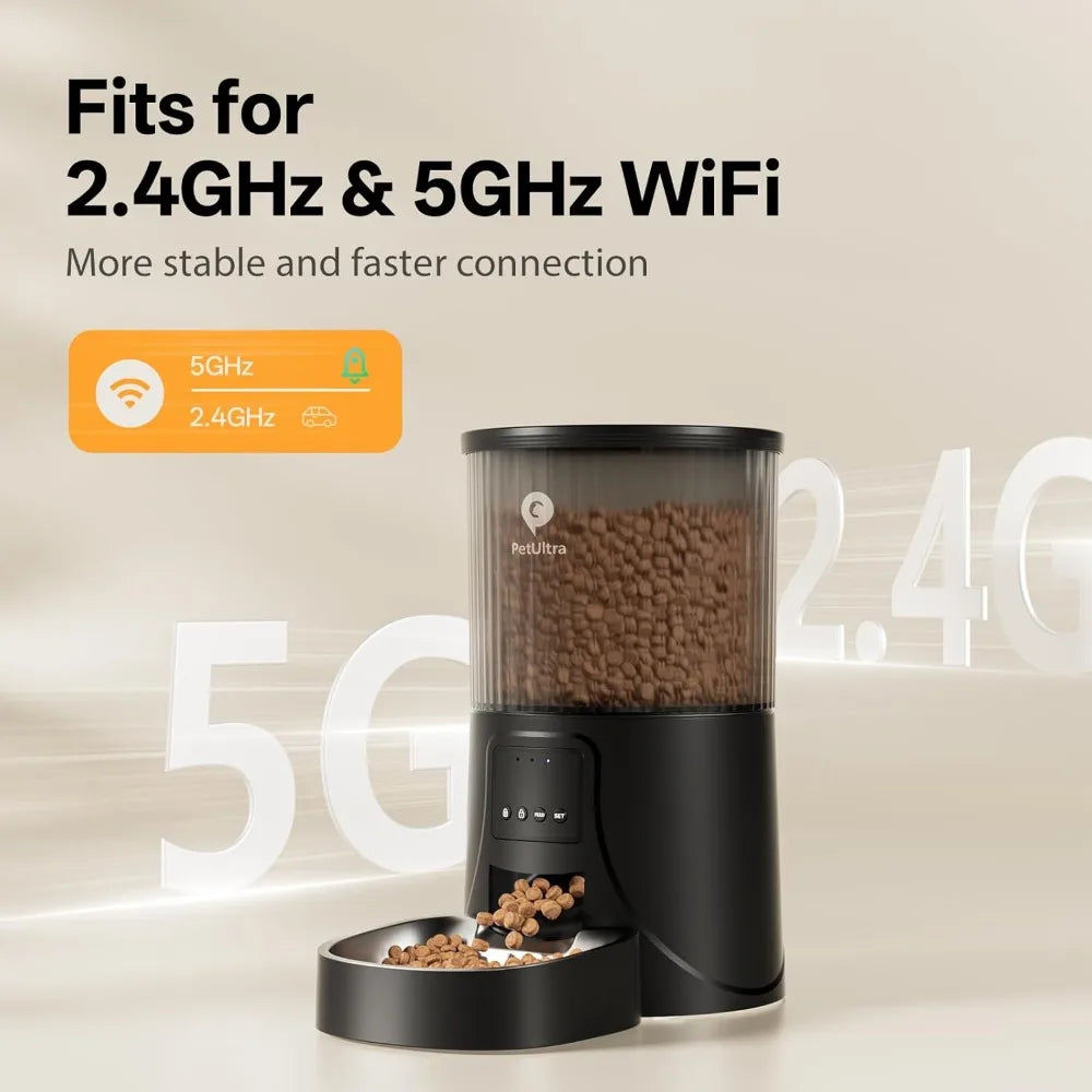 Black pet feeder with food on a beige background, featuring text about WiFi frequencies.