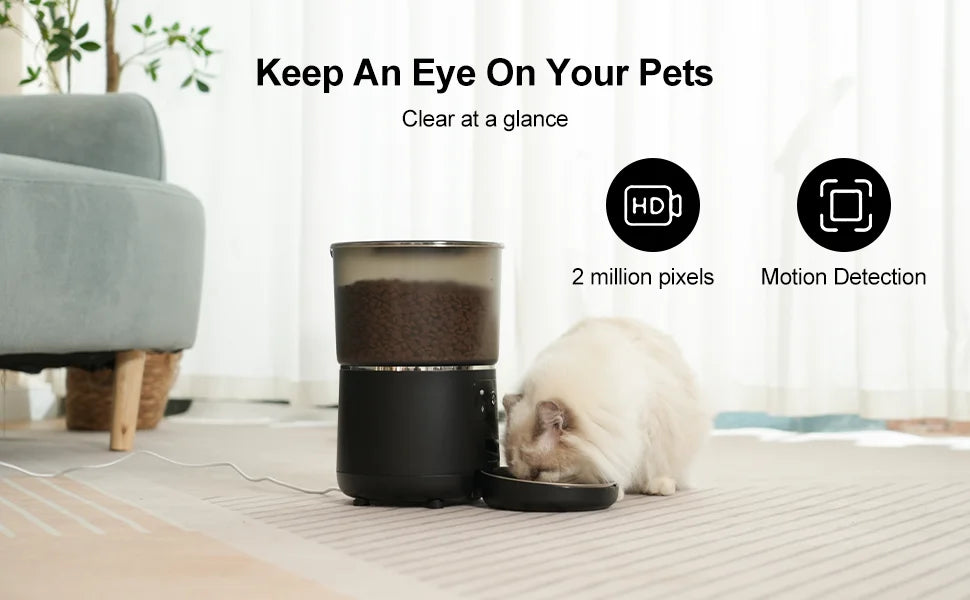 Pet feeder with a cat using it, text about pet monitoring, and icons for HD and motion detection.