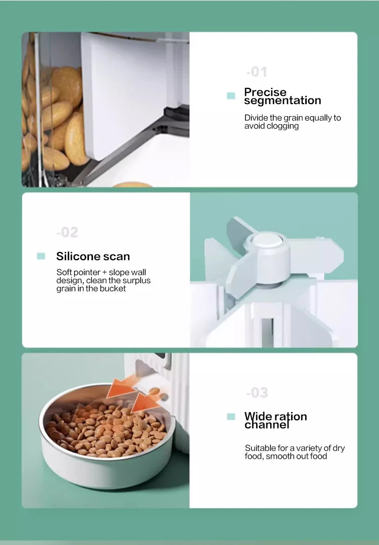 Product features of a pet food dispenser with text on segmentation, silicone scan, and ration channel.