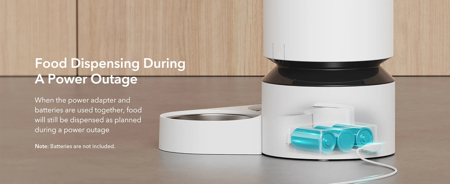 White pet food dispenser with blue contents on a wooden surface, text about power outage functionality.