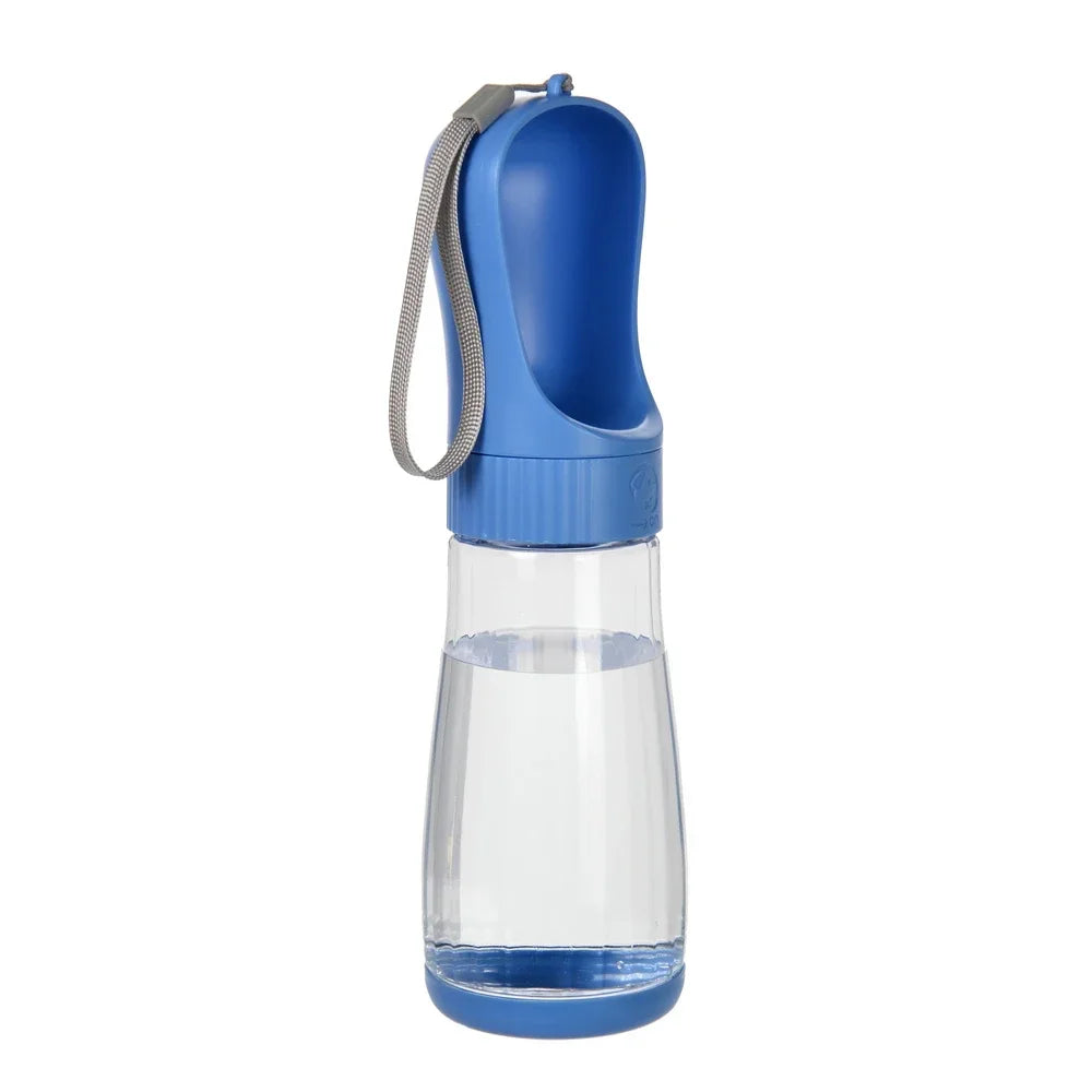 Clear water bottle with blue cap and holder on a white background