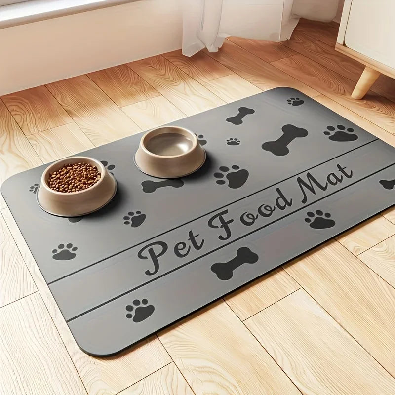 Pet food mat with two bowls of food on a wooden floor