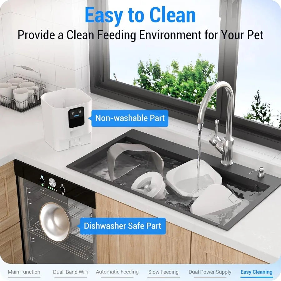 Pet feeding station with dishwasher safe and non-washable parts on a kitchen counter.