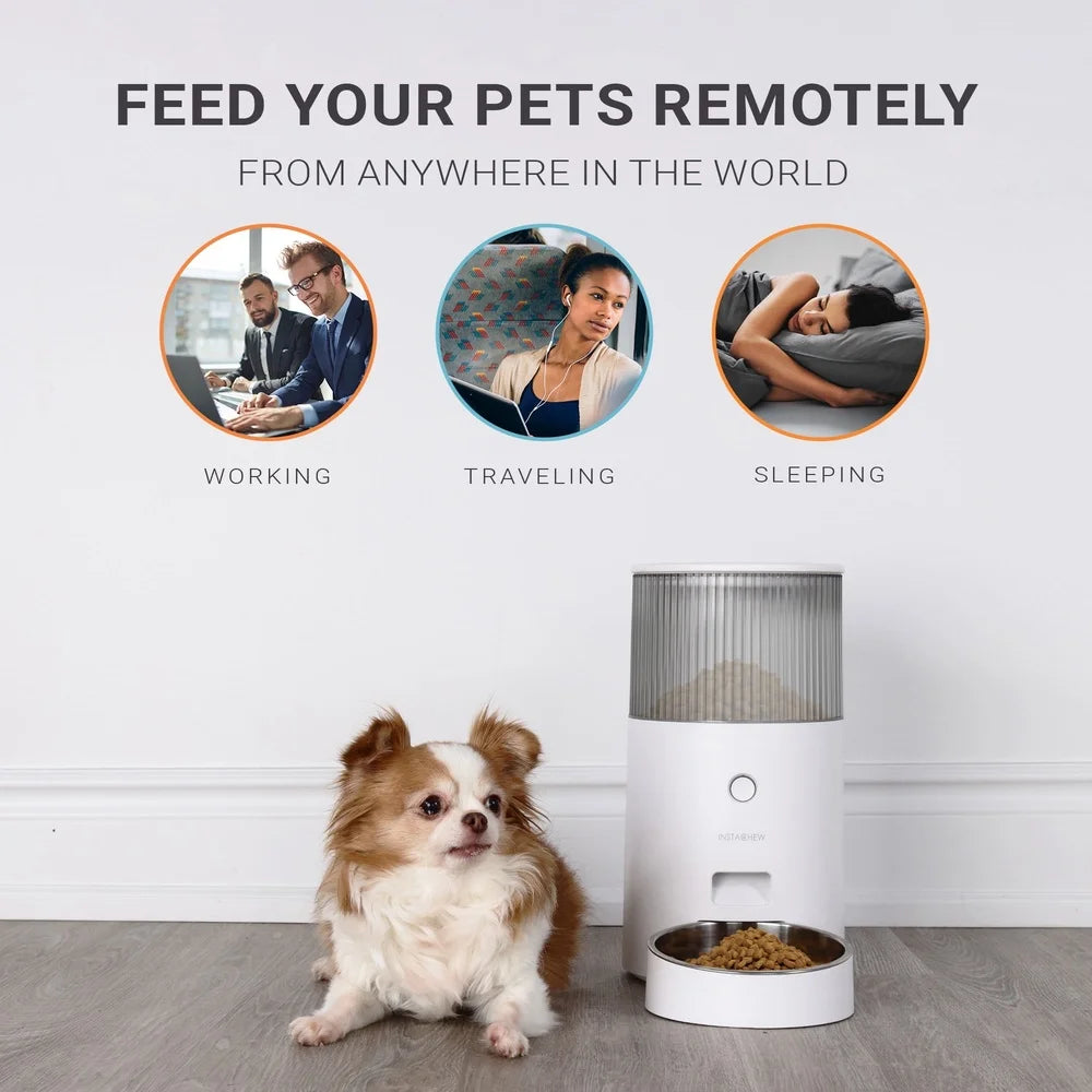 Pet feeder with a dog sitting next to it, accompanied by images of people working, traveling, and sleeping.