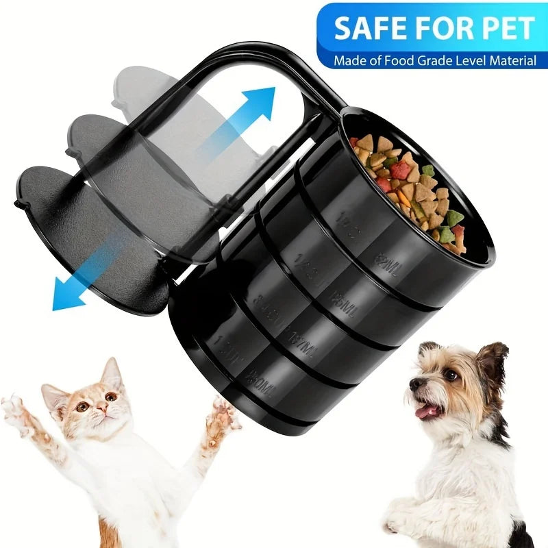 Black pet food container with food, surrounded by a cat and a dog on a white background.